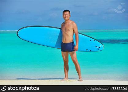 Man with surf board on beautiful tropical beach beach