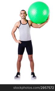 Man with swiss ball doing exercises on white