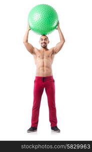 Man with swiss ball doing exercises on white