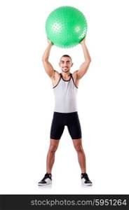 Man with swiss ball doing exercises on white