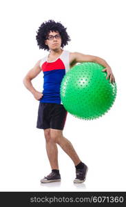 Man with swiss ball doing exercises on white