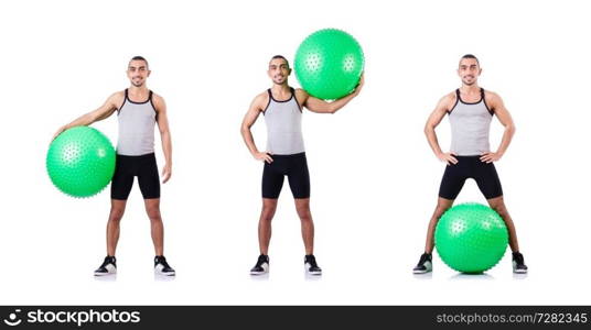 Man with swiss ball doing exercises on white