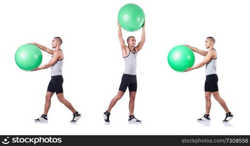 Man with swiss ball doing exercises on white