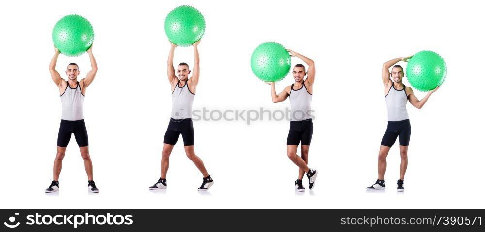 Man with swiss ball doing exercises on white