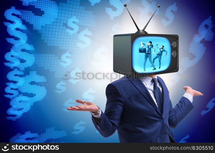 Man with television head in tv addiction concept