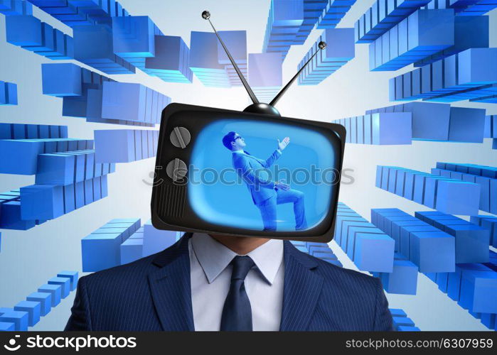 Man with television head in tv addiction concept. The man with television head in tv addiction concept