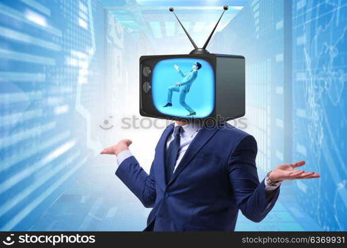 Man with television head in tv addiction concept