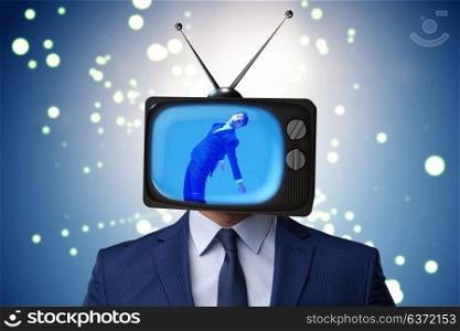 Man with television head in tv addiction concept