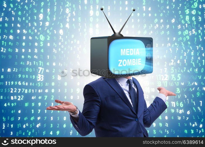 Man with television head in tv addiction concept