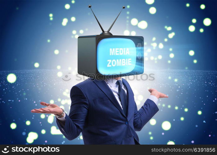 Man with television head in tv addiction concept