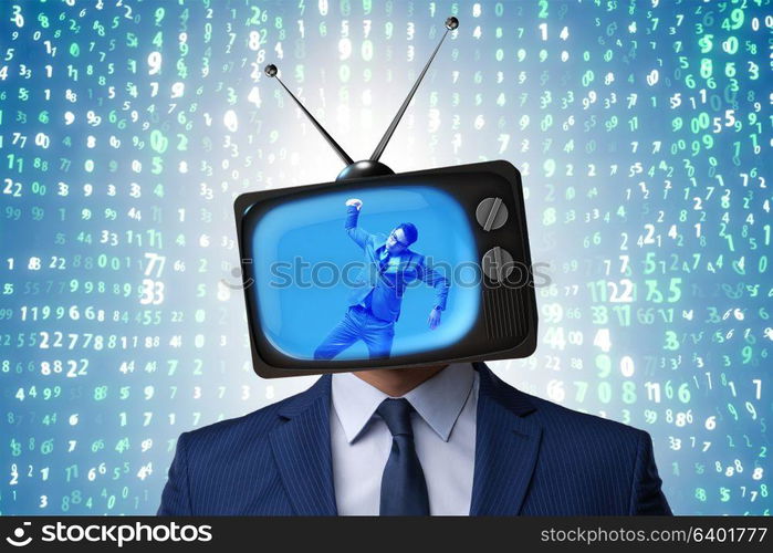 Man with television head in tv addiction concept