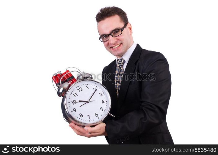 Man with time bomb isolated on white