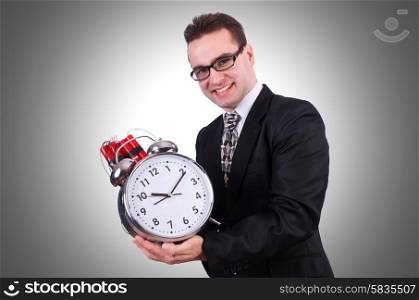 Man with time bomb isolated on white