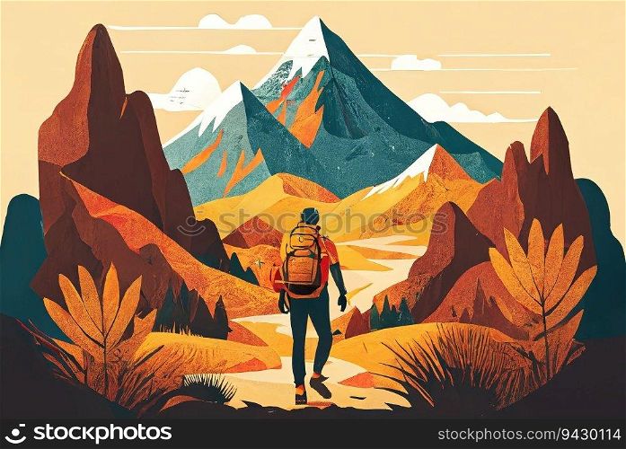 Man with tourist backpack and mountains abstract flat background. Generative AI design. Man with tourist backpack and mountains abstract flat background. Generative AI