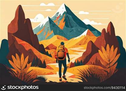 Man with tourist backpack and mountains abstract flat background. Generative AI design. Man with tourist backpack and mountains abstract flat background. Generative AI