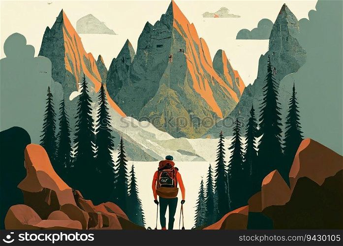 Man with tourist backpack and mountains abstract flat grunge background. Generative AI design. Man with tourist backpack and mountains abstract flat background. Generative AI
