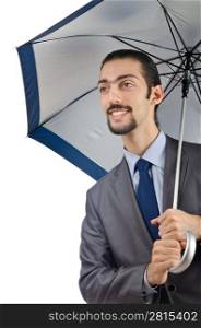 Man with umbrella on white