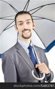 Man with umbrella on white