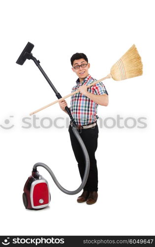 Man with vacuum cleaner and broom on white