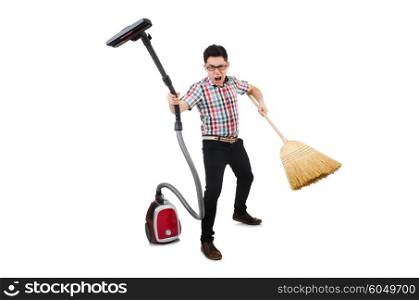 Man with vacuum cleaner and broom on white