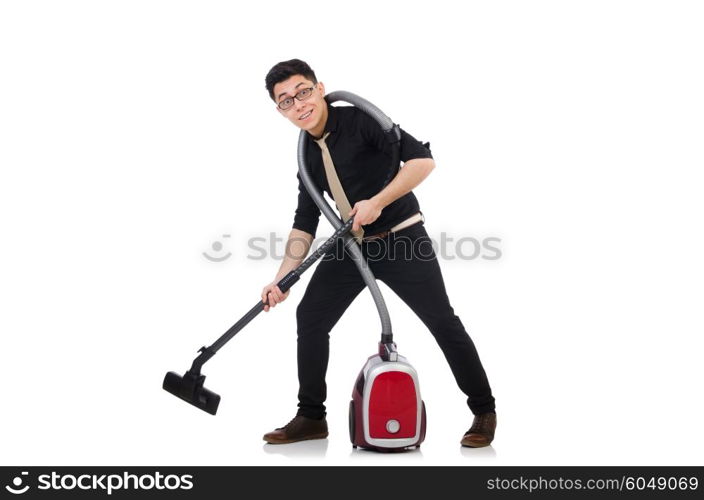 Man with vacuum cleaner isolated on white