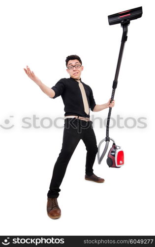 Man with vacuum cleaner isolated on white