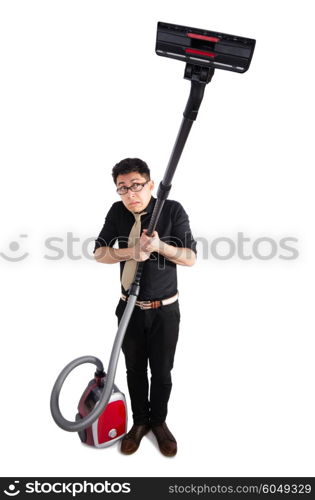 Man with vacuum cleaner isolated on white