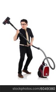 Man with vacuum cleaner isolated on white