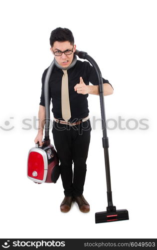 Man with vacuum cleaner isolated on white