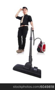 Man with vacuum cleaner isolated on white