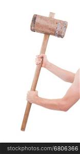 Man with very old wooden hammer isolated on a white background