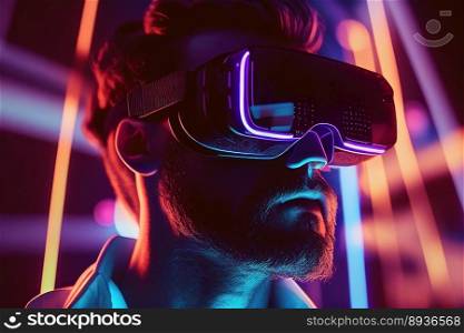 Man with virtual reality glasses in neon light. The concept of virtual reality. Generative AI Art.. Man with virtual reality glasses in neon light. The concept of virtual reality. Generative AI Art
