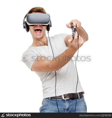 Man with virtual reality goggles. Studio shot isolated on white. Man with virtual reality goggles