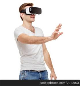 Man with virtual reality goggles. Studio shot isolated on white. Man with virtual reality goggles