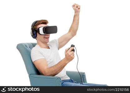 Man with virtual reality goggles. Studio shot isolated on white. Man with virtual reality goggles