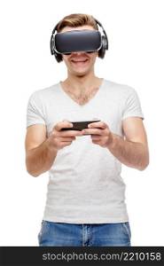 Man with virtual reality goggles. Studio shot isolated on white. Man with virtual reality goggles
