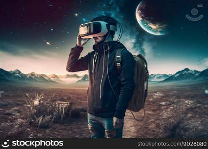 Man with VR headset in metaverse. Generative AI. High quality illustration. Man with VR headset in metaverse. Generative AI