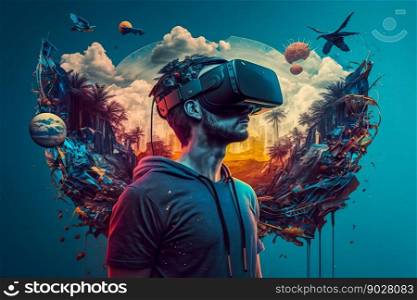 Man with VR headset in metaverse. Generative AI. High quality illustration. Man with VR headset in metaverse. Generative AI