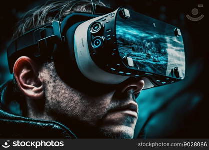 Man with VR headset in metaverse. Generative AI. High quality illustration. Man with VR headset in metaverse. Generative AI