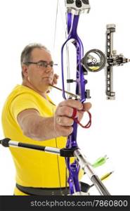 Man with yellow shirt and jeans holding a longbow in closeup