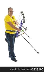 Man with yellow shirt and jeans holding a longbow isolated in white