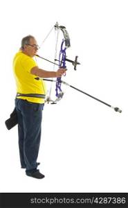 Man with yellow shirt and jeans shooting with a longbow isolated in white