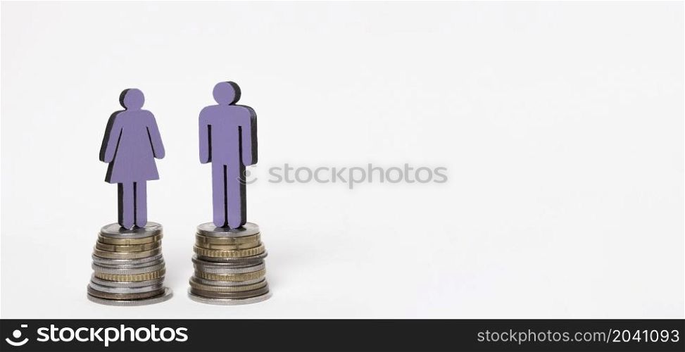 man woman standing piles coins