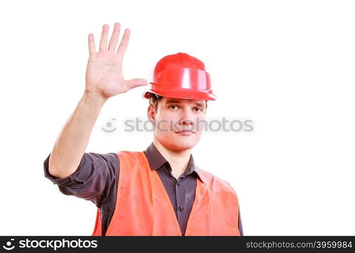 Man worker showing five fingers.. Job and work concept. Young male worker in safety vest and hard hat holding hand up showing five fingers. Repairman inspector at work.