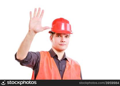 Man worker showing five fingers.. Job and work concept. Young male worker in safety vest and hard hat holding hand up showing five fingers. Repairman inspector at work.