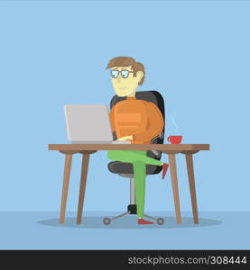 Man Working on a Laptop Computer. Male Business Cartoon Character. Freelancer and His Work Process Icon on Blue Background. Flat Design Drawn. Freelance Job on Internet.. Man Working on a Laptop Computer. Male Business Cartoon Character. Freelancer and His Work Process Icon. Freelance Job.