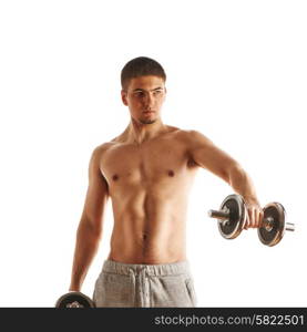 Man working out with dumbbells on white background