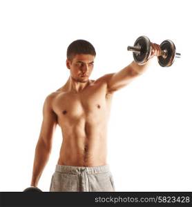 Man working out with dumbbells on white background