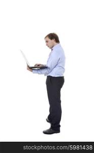 man working with computer in a white background