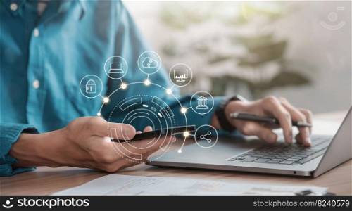 Man working with mobile phone showing cloud computing diagram in hand cloud technology data storage network and internet service concept